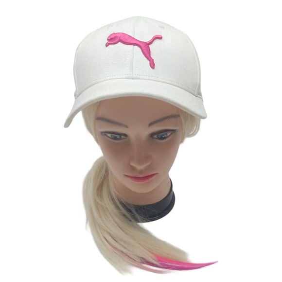 Puma Brand White + Pink Puff Puma Adjustable Hat Cap Adult Stretch OSFA RN#10075 - Picture 1 of 4